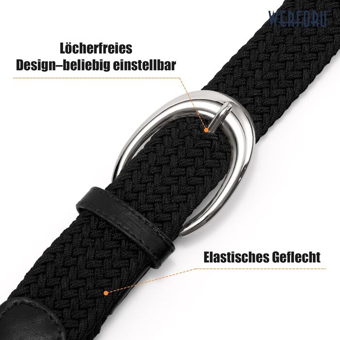 Жіночий/Чоловічий плетіний еластичний ремінь WERFORU для джинсів та штанів (110 см, чорний з срібляною пряжкою)