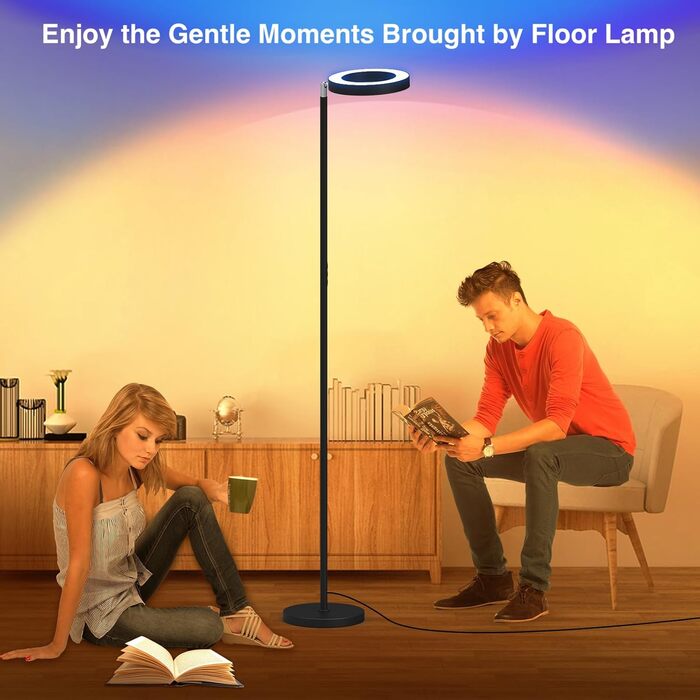 LED торшер, 42W, 16 мільйонів кольорів RGBCW, WiFi, розумний, двосторонній, для вітальні, сумісний з Alexa/Google Home, синхронізація з музикою, плавне регулювання яскравості, торшер для читання в спальню (RGB-RC)