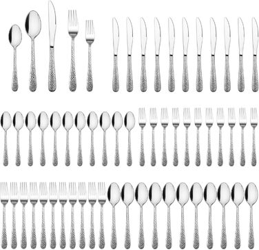 Набір столових приборів Joyfair на 6 осіб (60 предметів), нержавіюча сталь, з молотком, ніж, виделка, ложка, елегантний столовий прибор для дому/вечірки/ресторану, блискучий, придатний для миття в посудомийній машині