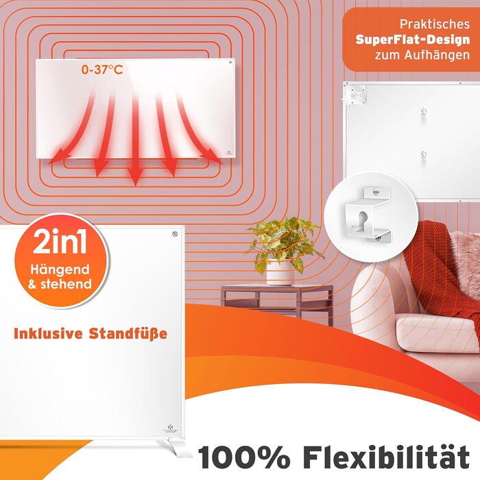 Інфрачервовий обігрівач KESSER® 700W: енергозберігаючий, з пультом, термостатом та керуванням через додаток. Підлоговий/стінний конвектор. Білий.