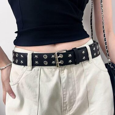 Жіночий шкіряний ремінь Punk з пряжкою, зірочками та дворядною конструкцією (чорний)