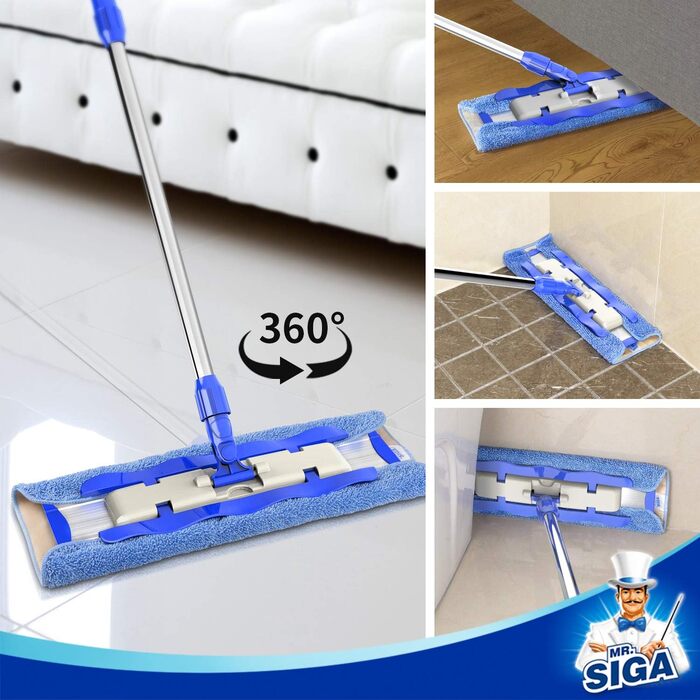MR.SIGA Professional Microfiber Mop Floor Cleaner for Hardwood, Laminate, Tile Floors, Stainless Steel Handle, Includes 3 Reusable Microfiber Cloths and 1 Dirt Separator
