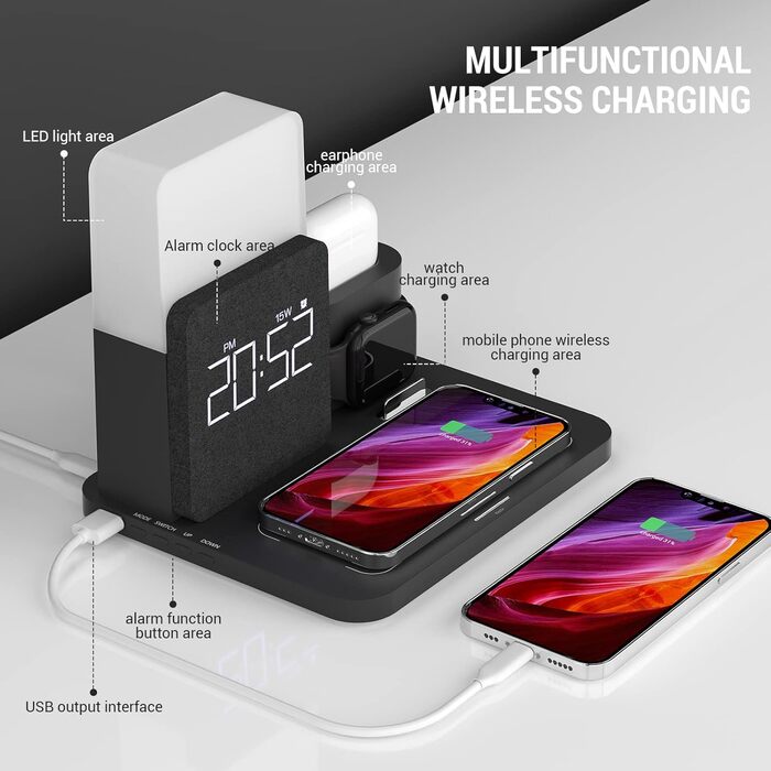 Бездротовий зарядний пристрій COLSUR 3 в 1: зарядка, нічник, будильник. Підходить для iPhone 16/15/14/13/12/11/X/8 Pro Max/Mini/Plus (Чорний)