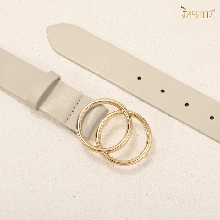 Жіночий шкіряний ремінь JasGood з подвійною кільцевою пряжкою для джинсів, штанів та суконь (бежевий, L:130см, обхват талії 96-105см)