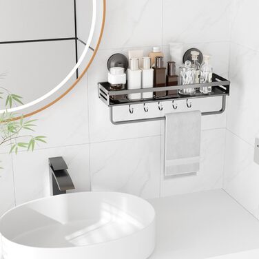 Поличка для душу Onemake з присосками, регульована, з гачками, органайзер для ванної кімнати з тримачем для рушників, матовий чорний (40 см, 1 шт.)