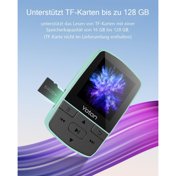 MP3-плеєр YOTON з Bluetooth 5.2, Hi-Fi звук, FM-радіо, диктофон, регулятор гучності, навушники, підтримка SD до 128 ГБ (М'ятний)