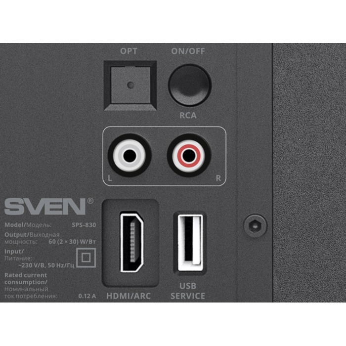 Акустична система SVEN SPS-830: Bluetooth, HDMI ARC, Оптичний вхід, Пульт ДК, 2x30Вт, MDF
