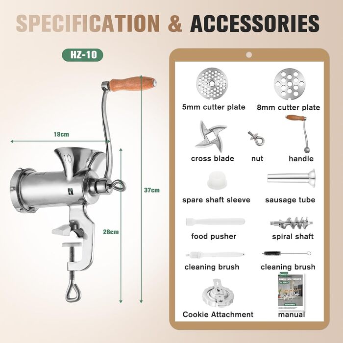 М'ясорубка ручна Huanyu з нержавіючої сталі, насадки для ковбас та печива, миється в посудомийній машині (№8, №10)