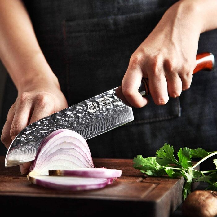 Кухонний ніж Santoku YARENH 18 см з дамаської сталі 73 шари, гострий, дерев'яна ручка, серія HTT