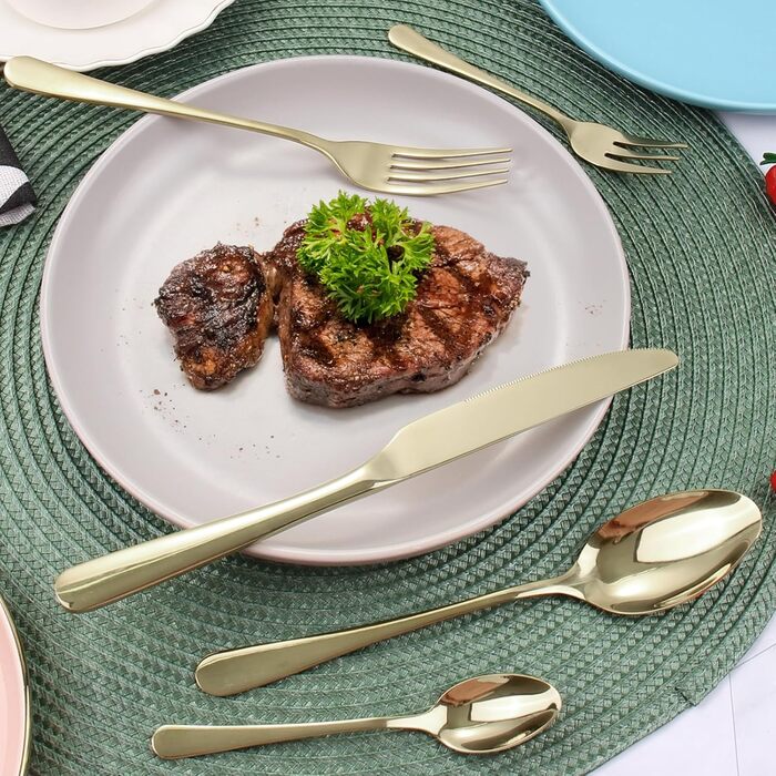 Cutlery Set for 6 People, 30-Piece Champagne Gold Cutlery Set, Shiny Knife, Fork, Spoon Set, High-Gloss Polished Cutlery Sets, Stainless Steel Table Cutlery for Kitchen/Dining/Party