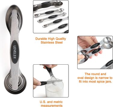 Magnetic Measuring Cups and Spoons Set with 16 Pieces, including 7 stackable magnetic stainless steel measuring cups, 8 magnetic measuring spoons with leveler for dry and liquid ingredients