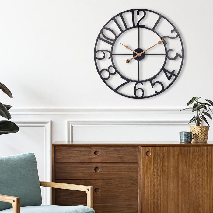 Large European-Style Industrial Vintage Wall Clock with Roman Numerals, Silent No Ticking Sounds Metal Wall Clock, Decorative Wall Clock for Living Room, Kitchen, Bedroom - (Black Arabic, 76cm)