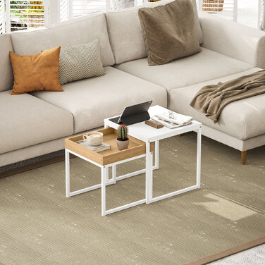 HOMCOM 2-Piece Couch Table Set, Square Side Table, Coffee Table with Steel Frame, Sofa Table in Modern Design, for Living Room, Holds up to 30 kg, White+Oak | Aosom