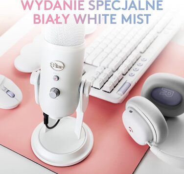 Мікрофон Logitech G Blue Yeti USB для стрімінгу, подкастів та запису (білий). Преміум-якість, Blue VO!CE, сумісний з PC та комп'ютером.