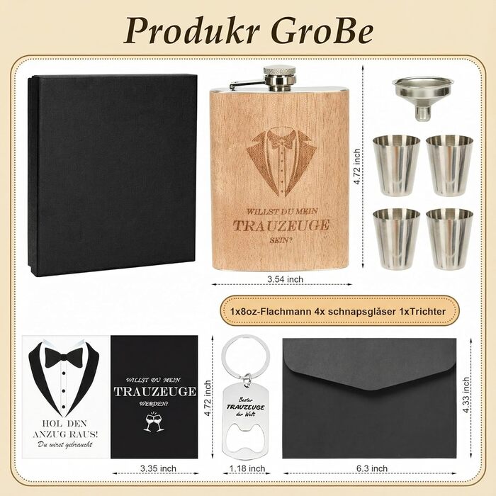 Персоналізований набір фляг 8oz з гравіюванням – фляга з нержавіючої сталі, 4 склянки, воронка & подарункова коробка для дружків, подарунок на весілля для чоловіків та жінок (колір дерева)