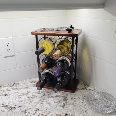 Wine rack with glass holders, tabletop wine rack with tray, freestanding wooden wine rack, perfect for home decor & kitchen storage rack, etc. (holds 6 bottles and 2 glasses) (Holds 6 Bottles)