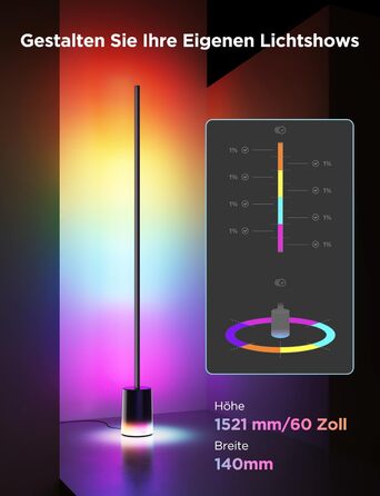 Govee LED торшер RGBIC з димуванням, 1725LM, для вітальні та роботи, сумісний з Matter, 152 см, чорний, 16 мільйонів кольорів, режими сцен, музичний режим для декору спальні, ігрової кімнати