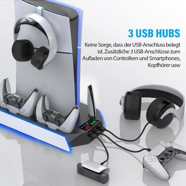 Підставка для PS5 Slim/Pro з зарядною станцією для контролера PlayStation 5 (Disc/Digital), аксесуари PS5 з RGB підсвіткою, вентилятор, тримач для навушників, USB хаб, чорно-білий, Q511
