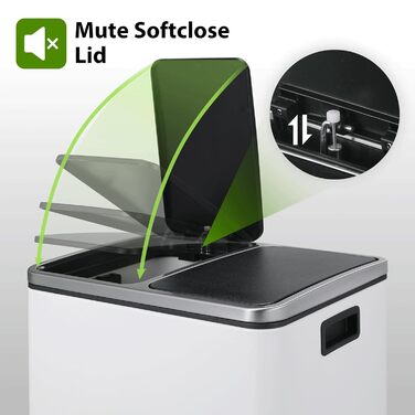 Відро для сміття LIFERUN з двома відсіками, 2 x 15 літрів, з металу, з м'яким закриттям кришки, знімний внутрішній відро, ручки, педальний відро, для квартири, невеликої сім'ї (білий)