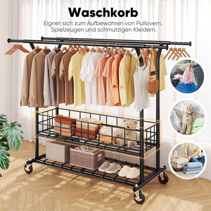 Підставка для одягу HOKEEPER на коліщатках, важка, з подвійною перекладиною, до 283 кг, D004K