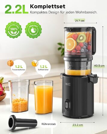 Шнекова соковижималка WIE 135мм Slow Juicer для цілих овочів та фруктів, ємність 2.6л