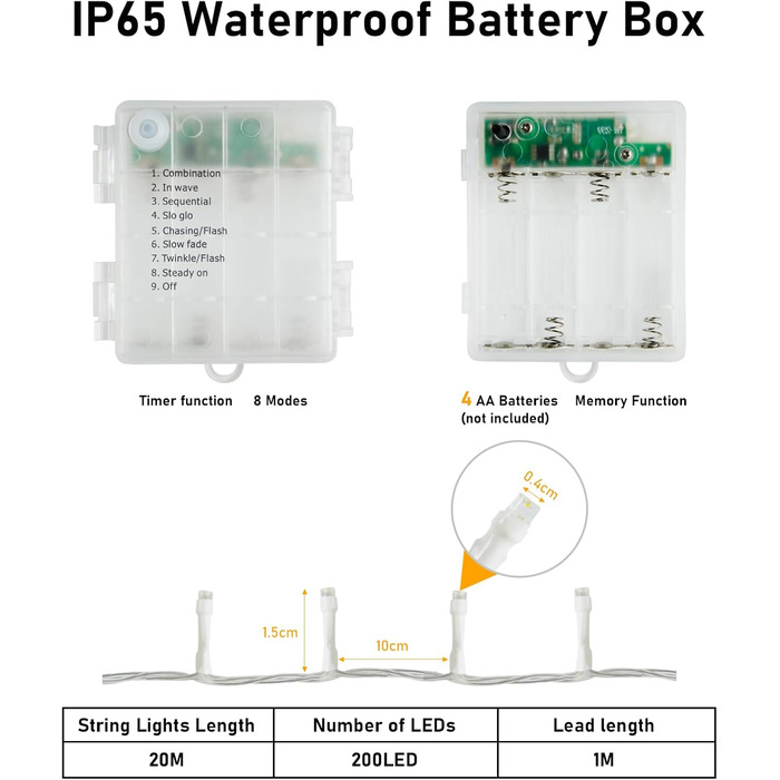 Ланцюжок прикрас для дому та саду, 30 метрів, 300 LED, тепле біле світло, з таймером, 8 режимів, вологостійкий, для декору кімнати, балкона, ялинки