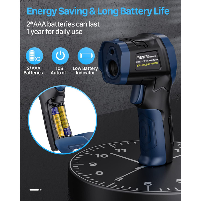 Інфрачервоний термометр Eventek -50°C до 600°C з лазером, регульований коефіцієнт випромінювання, цифровий, для гриля, піци, кухні, промисловості