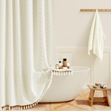 Штора для душу BTTN 180x180 см, бежева бохо, з китицями, водонепроникна, з гачками (1 шт)