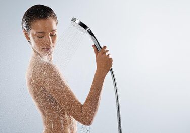 hansgrohe Croma Select E - water-saving showerhead 9 l/min (EcoSmart), hand shower with 3 spray patterns, square shower head (110 x 110 mm), showerhead with water-saving function and anti-limescale feature, White/Chrome (1 spray pattern)