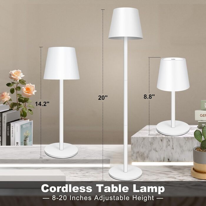 LED настільна лампа акумуляторна бездротова з сенсорним керуванням, USB-C, димування, 3 режими світла, регульована висота, IP54 водонепроникна для ресторану, спальні, бару, вулиці - біла