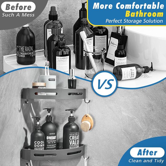 GRICOL Shower Caddy Corner Shelf Shower Shelf No Drilling Metal with 4 Hooks Shower Storage Bathroom Shelf with Adhesive Bathroom Shelf for Bathroom and Kitchen 2 Tiers Grey