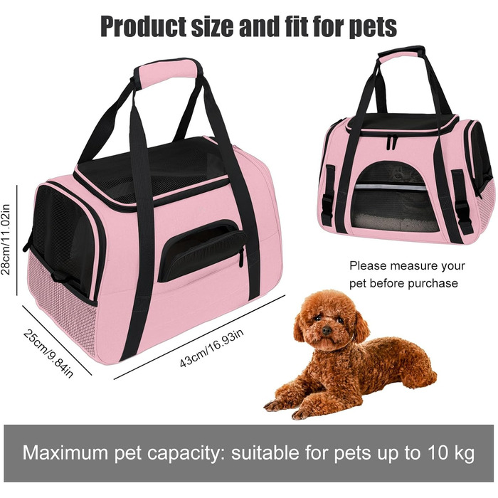 Транспортна сумка для тварин з підстилкою з флісу, рожева. Підходить для котів та собак до 10 кг.