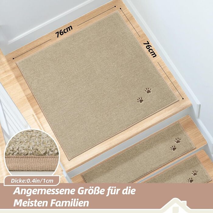 BEQHAUSE Non-Slip Stair Treads - 15 Piece Set, Washable Carpet for Stairs - Safe for Kids, Seniors & Pets, 22x70cm, 100% Polyester with TPE Backing