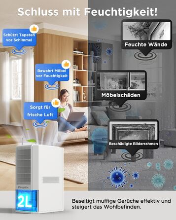 EasyAcc Електричний осушувач повітря 1200 мл, енергозберігаючий, тихий, портативний, з автовимкненням та режимом сну. Ідеально для офісу та дому (2000 мл, кремовий)