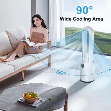 Безлопатий вентилятор з дистанційним керуванням, тихий, з LED-дисплеєм, 90° гойдання, 24 швидкості, 12H таймер, підлоговий вентилятор для дому (білий)