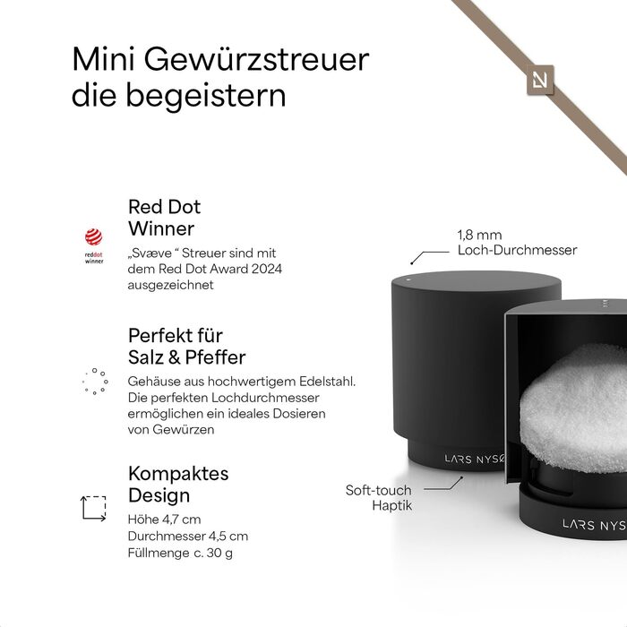 LARS NYSØM Gift Set with Salt and Pepper Shakers & Spices - Mini Designer Salt and Pepper Shakers with Finest Alpine Salt and Brazilian Pepper in an Attractive Gift Box - Carbon Black