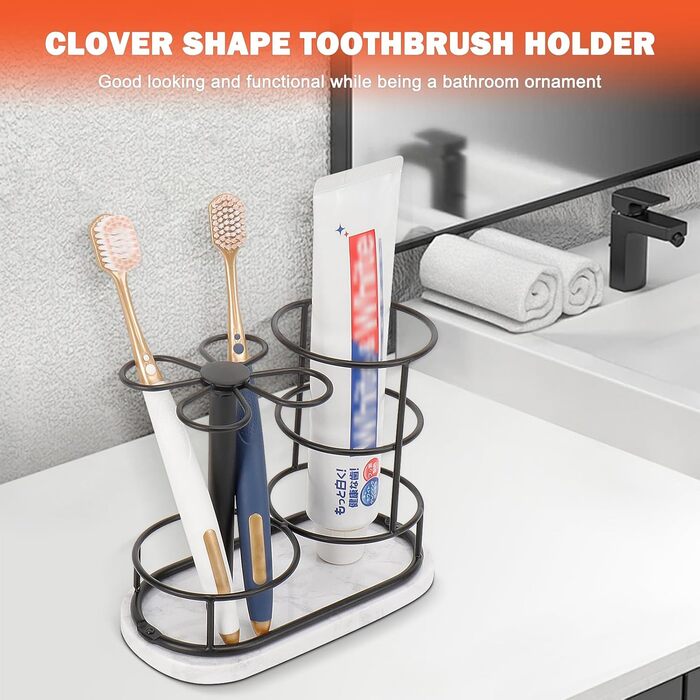 HarJue Toothbrush Holder for Bathroom, Metal Toothbrush Organizer with Marble Base, Toothbrush Storage Collection for Family, Suitable for Home, Hotel, Countertop, Vanity (Matte Black, Medium)