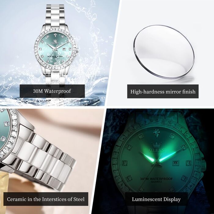 Годинник жіночий OLEVS з діамантами, елегантний, люкс, на зап'ястя, кварцовий, рожеве золото, скло керамічне (3651 Silver Blau)