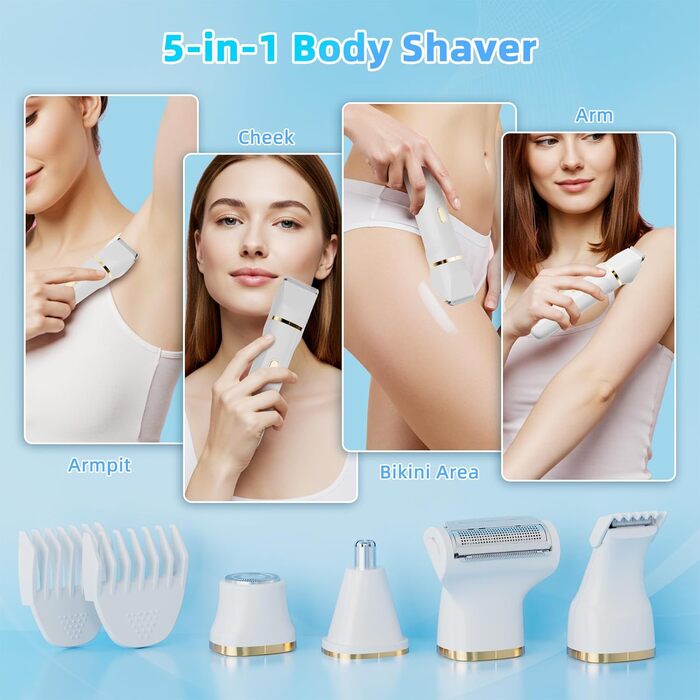 Електричний жіночий тример 5-в-1: для тіла, обличчя, інтимної зони. Вологостійкий (IPX7), USB-C зарядка