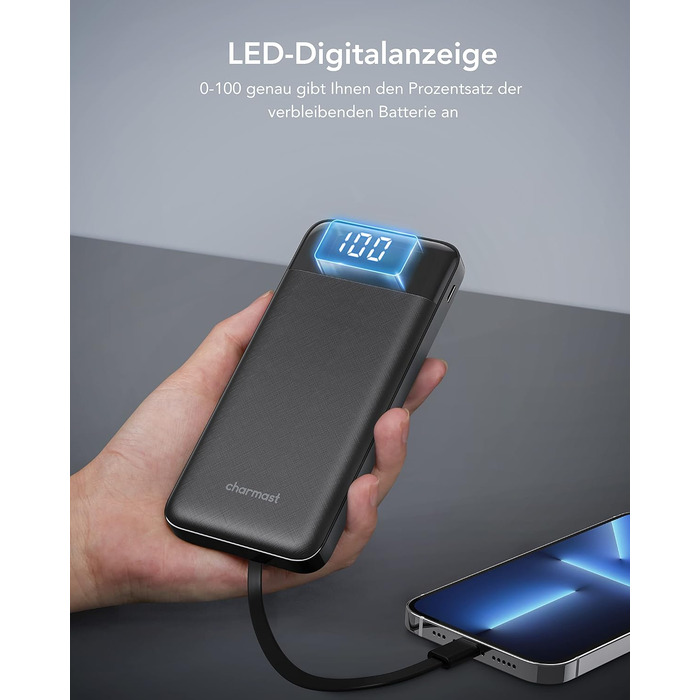 Power Bank Charmast 10000mAh з 6 виходами, USB-C, LED-дисплеєм, 4 кабелями, чорний