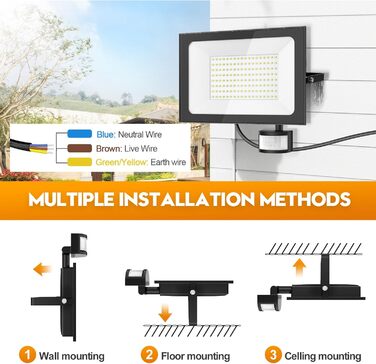 papasbox 2 Pack LED Floodlights with Motion Sensor and Light Sensor | Outdoor Floodlights/Spotlights with Remote Control | 6500K Cool White IP66 Waterproof Floodlights for Garden, Garage, Sports Field (150W, 2 Pack)
