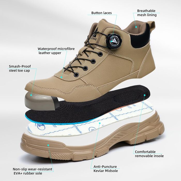 Черевики безпеки чоловічі/жіночі: легкі, водонепроникні робочі черевики з металевим капом та поворотним затвором (43 EU, Коричневий)