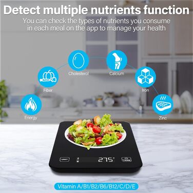 Кухонні ваги Sprifityy: цифрова вага з LCD дисплеєм та підключенням до додатку для аналізу харчової цінності та підрахунку калорій, 5 одиниць (точність 1г), чорний