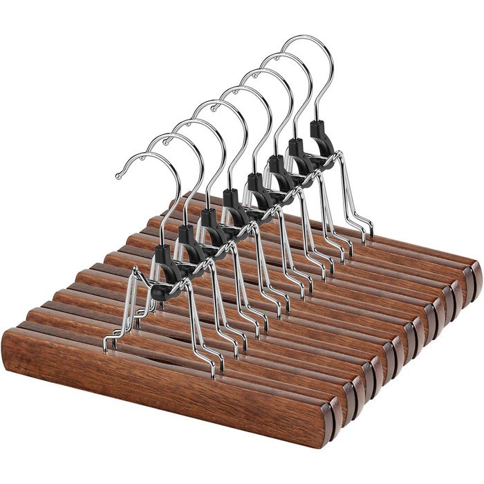 Набір вішалок для штанів AMKUFO з горіхового дерева (12 шт.), з кліпсами, антиковзаючі, для сукні та штанів, з поворотним гачком 360°
