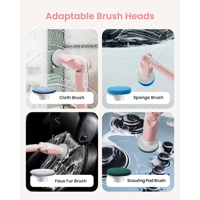 Leebein Electric Cleaning Brush, 2024 New Spin Scrubber with 8 Interchangeable Brush Heads, Remote Control, Adjustable Long Handle 38-132CM & 2 Speeds and for Bathroom/Kitchen