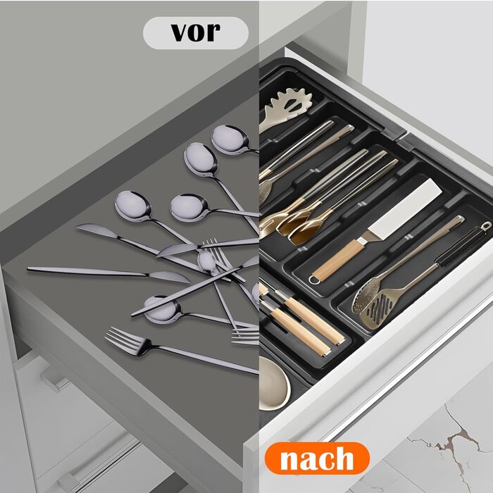 WwuHua Cutlery Box for Drawers, Drawer Insert Kitchen, Cutlery Insert for Drawers with Expandable Sides, 4-Sided Organizer Drawer Kitchen with 2 Knife Holders, Black