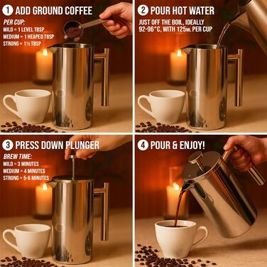 French Press Red Ember 1L з нержавіючої сталі - кавомашина з подвійними стінками, ізольована, нержавіюча, з 3-шаровим фільтром для насиченого смаку, ідеальна для дому та кемпінгу