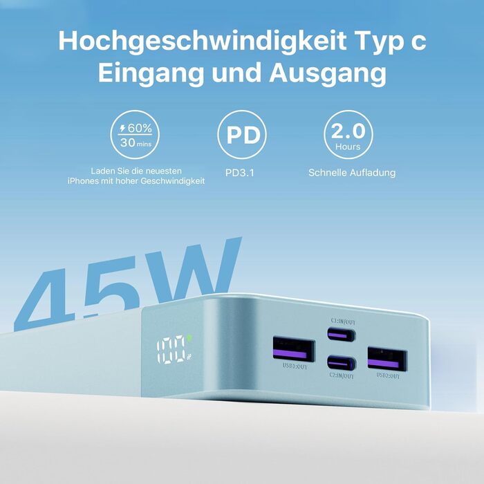 Power Bank JUOVI J2621, 20000mAh, 45W, для Switch, MacBook, iPhone, Samsung, Steam Deck та інших пристроїв (блакитний)