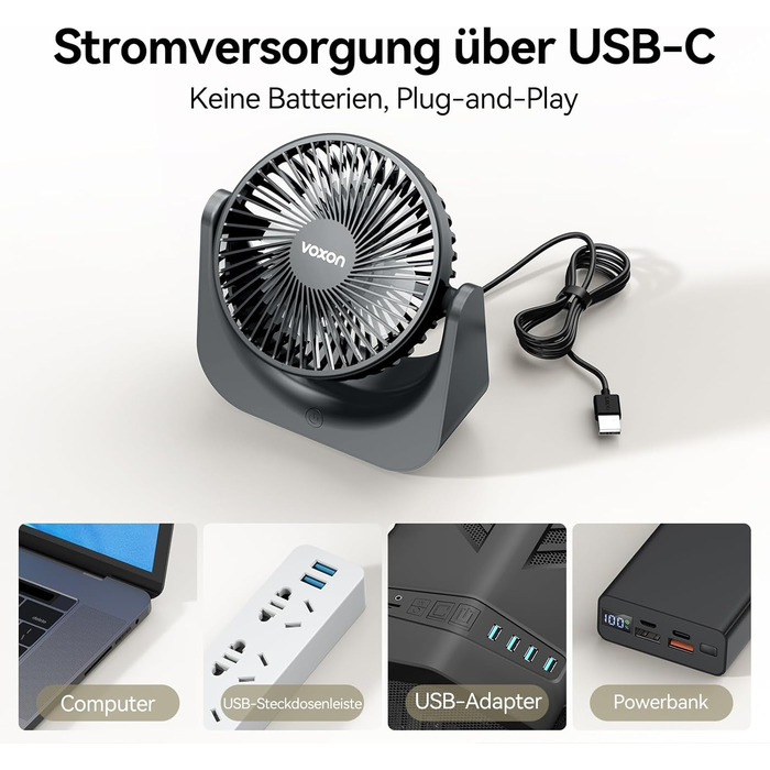 USB-настільний вентилятор VOXON, міні-вентилятор з 5 рівнями швидкості, безшумний портативний вентилятор для офісу, дому та спальні, кабель 1.5м, сірий