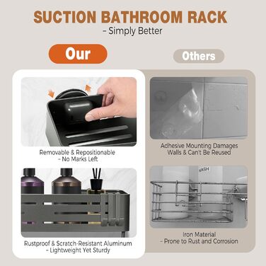 Сучасна поличка для душу Lekesky, стійка до іржі, 2 шт., Gunmetal Grey, алюміній, на присосках, без свердління, з 12 гачками, прямокутна